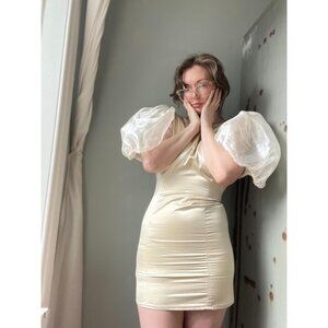 Vintage 60s Champagne Lurex Mini Dress | Sheer Puff Sleeve Mod Party Dress
